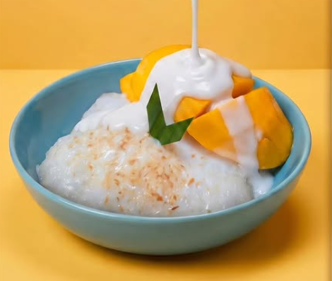 plated rice with sliced mango and a sweet cream sauce being drizzled on top from above. Vendor: Mango & Rolls