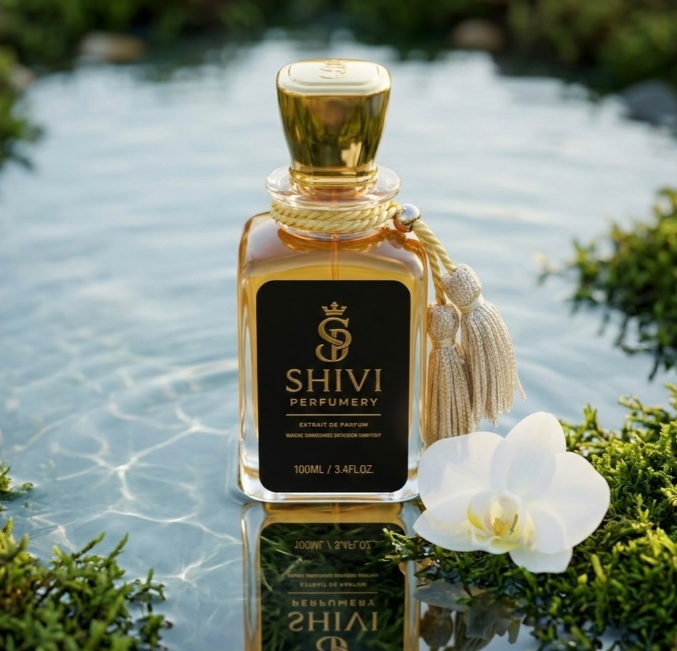 A bottle of perfume sits in a pool of water. Next to the perfume lays a white orchid. Vendor: Shivi Perfumery
